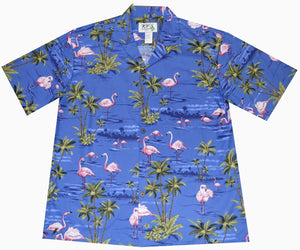 Royal Blue Men's Flamingo Fever Hawaiian Shirt features a flock of vibrant pink flamingos on a tropical royal blue background.