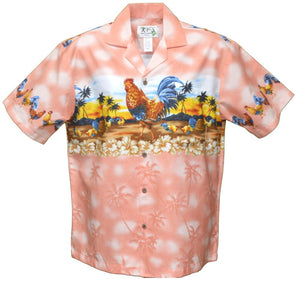 Orange Men's Hawaiian Shirt made with 100% Cotton featuring a group of wild Roosters embracing the sunset on a tropical island. 