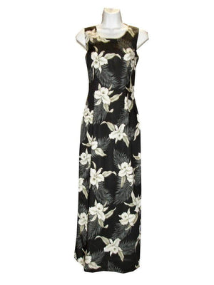 Long Tank Dress S / Black Garden Orchid Long Tank Hawaiian Dress