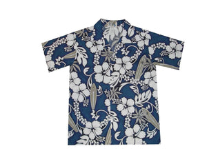 Boy's Hawaiian Shirts S / Navy Blue Hibiscus and Surfboard Boy's Hawaiian Shirt