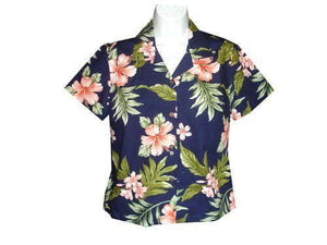 Girl's Hawaiian Blouse S / Navy Blue w/ Pink Garden Hibiscus Girl's Hawaiian Blouse