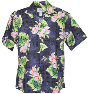 Pink Orchid Flowers and Leaves on Black plaid background with shadowy palm tree leaves design on a Men's Hawaiian Shirt.