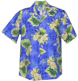 Yellow Orchid Flowers and Leaves on Royal Blue plaid background with shadowy palm tree leaves design on a Men's Hawaiian Shirt.