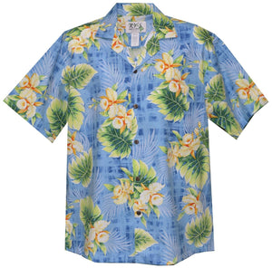 Yellow Orchid Flowers and Leaves on Light Blue plaid background with shadowy palm tree leaves design on a Men's Hawaiian Shirt.