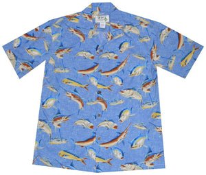 Mahimahi, Marlin, and Ulua collection of fishes on a Light Blue Background Hawaiian Shirt 