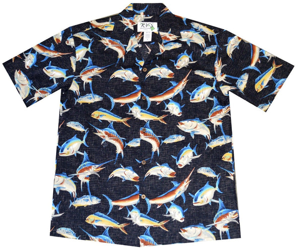 Mahimahi, Marlin, and Ulua collection of fishes on a Black Background Hawaiian Shirt 