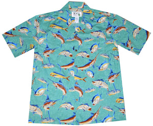 Mahimahi, Marlin, and Ulua collection of fishes on a Green Background Hawaiian Shirt 