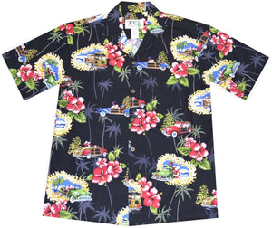 Black Santa Claus Men's Hawaiian Shirt featuring a red Hibiscus and Vintage Woody Cars driven by Santa Claus. 