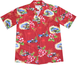 Red Santa Claus Men's Hawaiian Shirt featuring a red Hibiscus and Vintage Woody Cars driven by Santa Claus. 