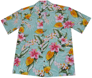 Green Kauai's Tropical Flowers Men's Rayon Hawaiian Shirt featuring a tropical floral arrangement design.