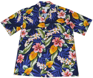 Navy Blue Kauai's Tropical Flowers Men's Rayon Hawaiian Shirt featuring a tropical floral arrangement. 