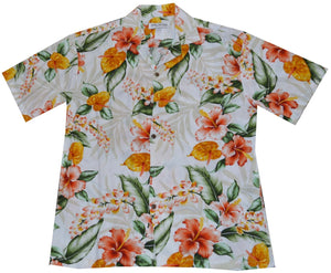 White Kauai's Tropical Flower Men's Rayon Hawaiian Shirt featuring a tropical floral arrangement design.