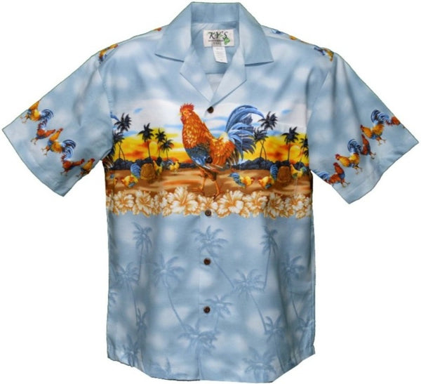 Light Blue Men's Hawaiian Shirt made with 100% Cotton featuring a group of wild Roosters embracing the sunset on a tropical island. 