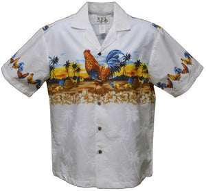 White Men's Hawaiian Shirt made with 100% Cotton featuring a group of wild Roosters embracing the sunset on a tropical island. 