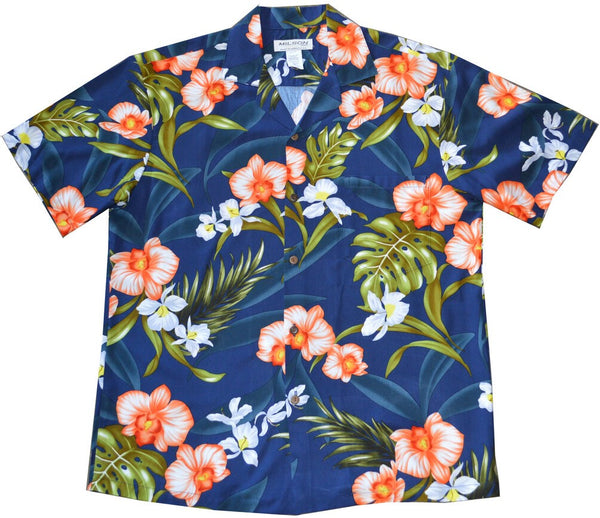 Ky's Navy Blue Tropical Coral Orchid Hawaiian Shirt.