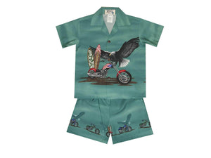 Boy's Set 2 / Green Patriotic Motorcycle Boy's Cabana Set