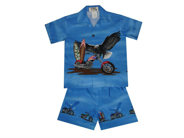 Boy's Set 2 / Navy Blue Patriotic Motorcycle Boy's Cabana Set