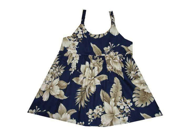 Girl's Bungee Dress 6M / Navy Blue Tropical Hibiscus Girl's Hawaiian Bungee Dress