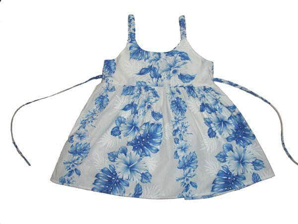 Girl's Bungee Dress 6M / White w/ Navy Blue Floral Lei Girl's Hawaiian Bungee Dress