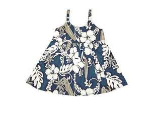 Girl's Bungee Dress Navy Blue / 6M Hibiscus and Surfboard Girl's Hawaiian Bungee Dress