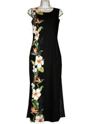 Long Tank Dress S / Black Hibiscus and Bird of Paradise Long Tank Hawaiian Dress