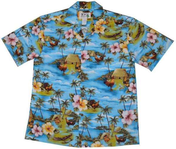 KY's Blue Wild Rooster Hawaiian Shirt.