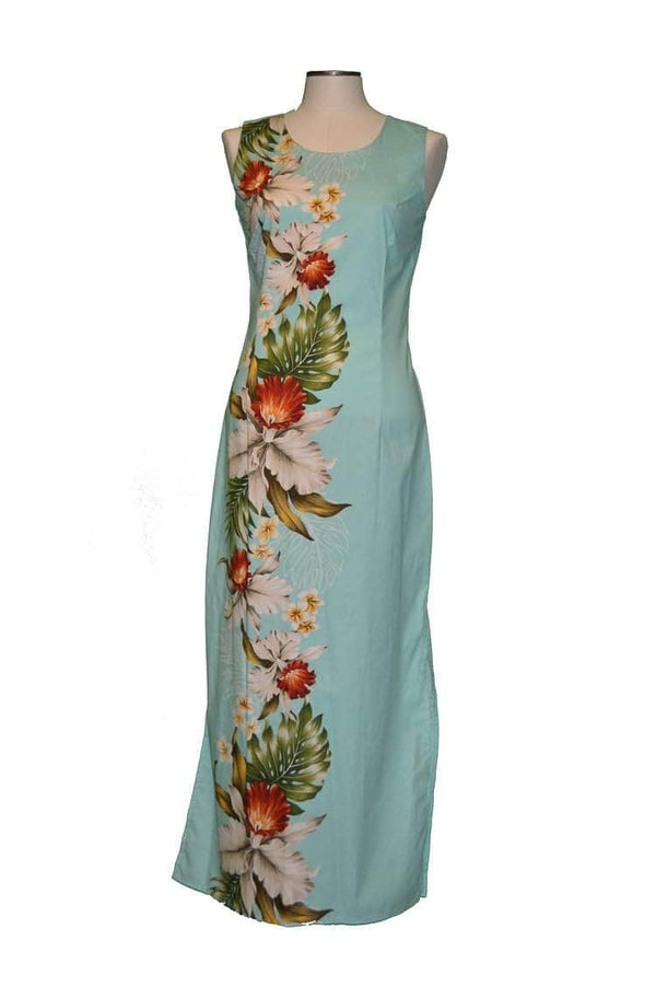 Long Tank Dress S / Green Orchid and Plumeria Side Panel Hawaiian Long Tank Dress