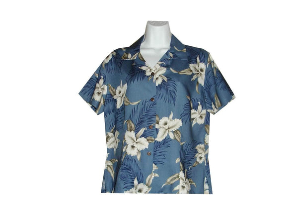 Girl's Hawaiian Blouse S / Navy Blue Garden Orchid Girl's Hawaiian Blouse