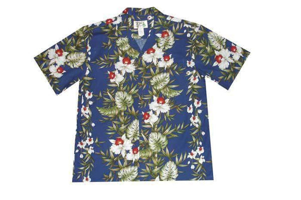 Hawaiian Shirt S / Navy Blue Orchid and Bamboo Leaves Hawaiian Shirt