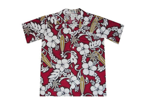 Boy's Hawaiian Shirts S / Red Hibiscus and Surfboard Boy's Hawaiian Shirt