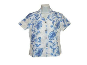 Girl's Hawaiian Blouse S / White w/ Navy Blue Floral Lei Girl's Hawaiian Blouse