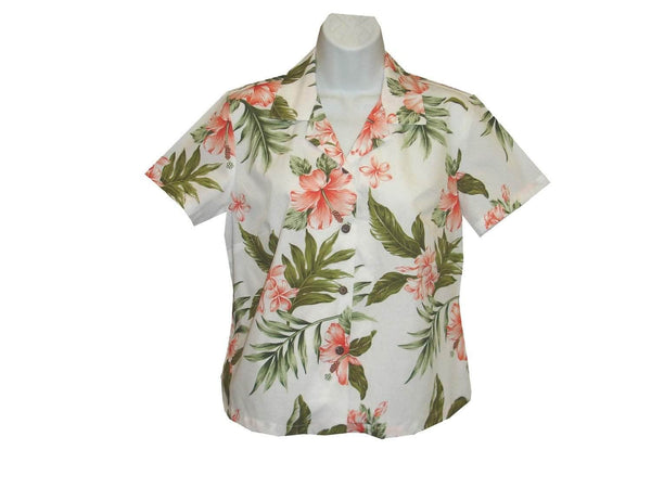 Girl's Hawaiian Blouse S / White w/ Pink Garden Hibiscus Girl's Hawaiian Blouse